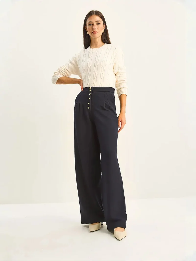 Bianco Lucci Navy Blue LUCCI High Waist Wide Leg Palazzo Pants for Women | Best Price UAE
